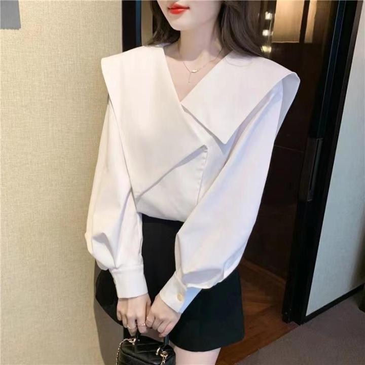 M47%20Spring%20New%20Irregular%20Large%20Lapel%20White%20Shirt%20Women's%20Design%20Sense%20Minority%20Fashion%20Temperament%20Bishop%20Sleeves%20Top%20-%20Image%206