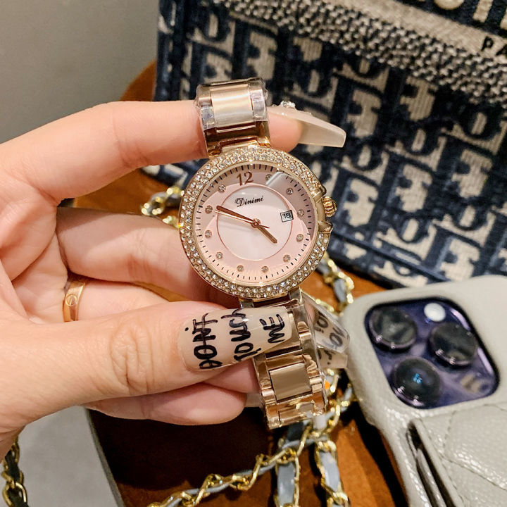 dinimi new rhinestone fashion temperament light luxury quartz watch simple commuter steel band ladies with calendar watch
