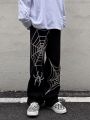 Grunge Punk spider web print Black Women's pants goth Streetwear Oversize Wide Leg Trousers 90s Vintage y2k clothes cargo Pants.