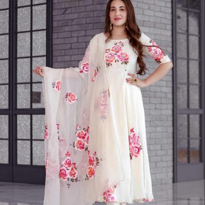 Rose Angel Gown White Color Readymade Three Piece For Women - Lehenga For Girls