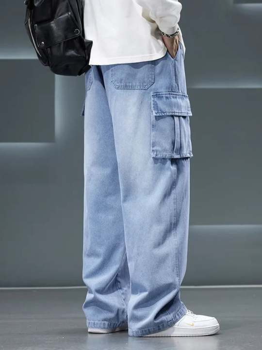 Men's Baggy Jeans Plus Size 2025 Autumn New Streetwear Wide Leg Straight Denim Pants with 6 Pockets