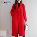 Mid-length Woolen Cardigan Stylish Women's Woolen Coat with Lapel Pockets Trendy Mid-length Cardigan for Autumn/winter Women Woolen Coat.