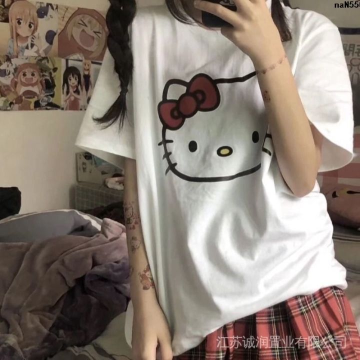 Printed%20Summer%20Student%20New%20Hello%20Kitty%20Wide%20T%20T-shirt%20Bow%20Japanese%20Style%20Cartoon%20Cute%20kt%20Loose%20Short%20Sleeve%20White%20Women%20=%20-%20Image%204