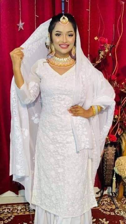 Cotton Unstitched Kashmiri Aari Work Embroidery Four Piece Salwar Kameez for Women - Milk White - Suitable for All Seasons