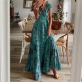 Women Floral Print Casual Dress Summer Elegant V-neck Pleated Vintage Bohemian Maxi Dresses Female Big Swing Holiday Long Dress. 