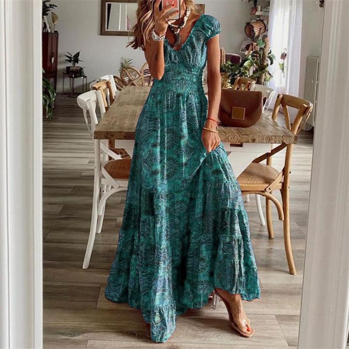 Women%20Floral%20Print%20Casual%20Dress%20Summer%20Elegant%20V-neck%20Pleated%20Vintage%20Bohemian%20Maxi%20Dresses%20Female%20Big%20Swing%20Holiday%20Long%20Dress%20-%20Image%203