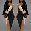 Elegant Black Luxury Gold Sequins Cocktail Party Evening Chic Dresses Women Long Sleeve Deep V-neck Bodycon Dress Clothes.