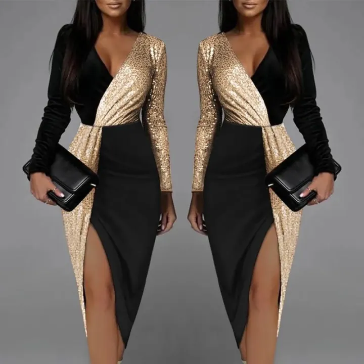 Elegant%20Black%20Luxury%20Gold%20Sequins%20Cocktail%20Party%20Evening%20Chic%20Dresses%20Women%20Long%20Sleeve%20Deep%20V-neck%20Bodycon%20Dress%20Clothes%20-%20Image%202