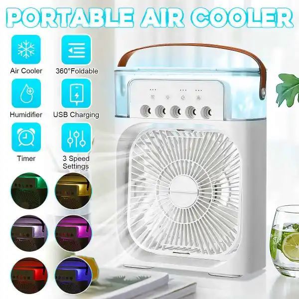 Air Cooler Fan 3 in 1 Mini Portable Fan Humidifier with 7 Colors LED Light Air Conditioner Cooler Water Cooling - Dhaka Shopping Zone