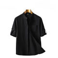 Cross-border new summer men's cotton and linen crepe solid color men's shirt Chinese style stand collar casual men's loose shirt. 