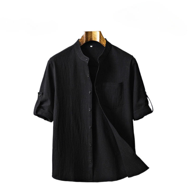 Cross-border%20new%20summer%20men's%20cotton%20and%20linen%20crepe%20solid%20color%20men's%20shirt%20Chinese%20style%20stand%20collar%20casual%20men's%20loose%20shirt%20-%20Image%203