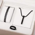 Style 3 Piece Fashion Jewelry Set Stainless Steel Simple Golden Ring Bracelet And Necklace Combo For Men.