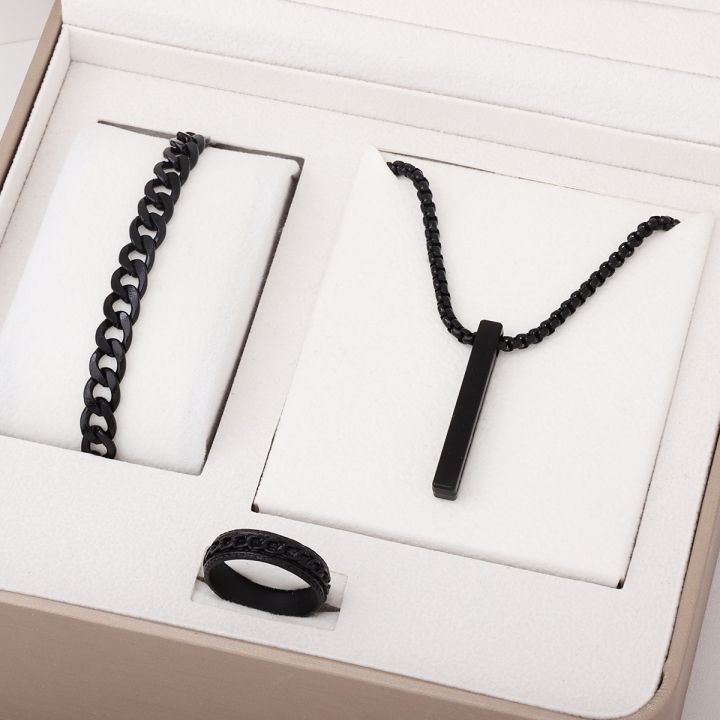 Style 3-Piece Fashion Jewelry Set  Stainless Steel, Simple Golden Ring, Bracelet, and Necklace Combo for Men