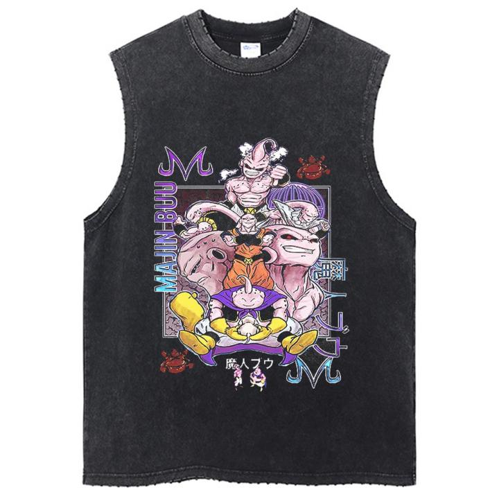 Vintage Sleeveless T-Shirt Dragon Ball Z Men Anime Oversized Tank Tops Tees Cotton Casual Washed Black Harajuku Vest T-shirt