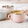 Lunch Box With Lid Stainless Steel Noodle Bowl Spoon Double-layer Ramen Bowl Anti-scalding Woven Pattern Soup Bowls Instant Noodle. 