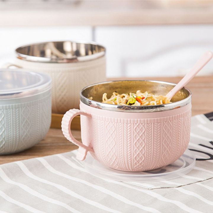 Lunch Box With Lid Stainless Steel Noodle Bowl Spoon Double-layer Ramen Bowl Anti-scalding Woven Pattern Soup Bowls Instant Noodle