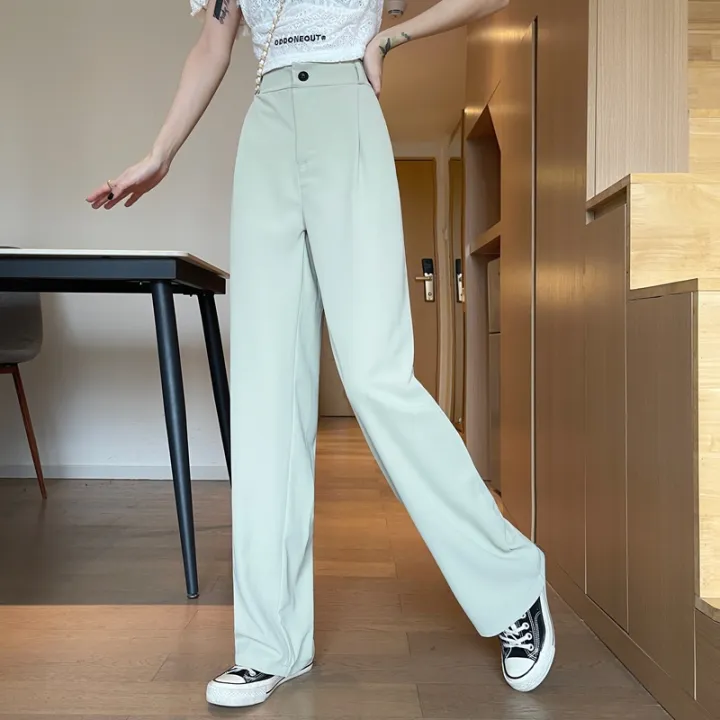 Women%20Korean%20Leisure%20Wide%20Leg%20Trousers%20Girls%20High%20Waisted%20Casual%20Concise%20Solid%20Color%20Formal%20Pants%20Female%20Slim%20Fit%20Loose%20Slacks%20-%20Image%204