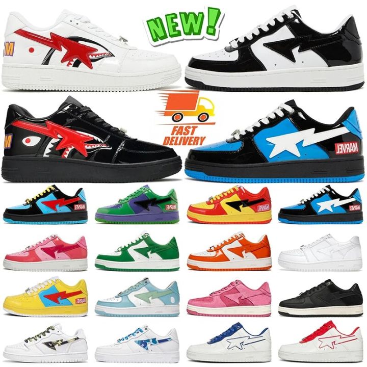 luxury designer running shoes platform low sneakers bapesta Patent Leather Shark black white red men women outdoor sport trainer