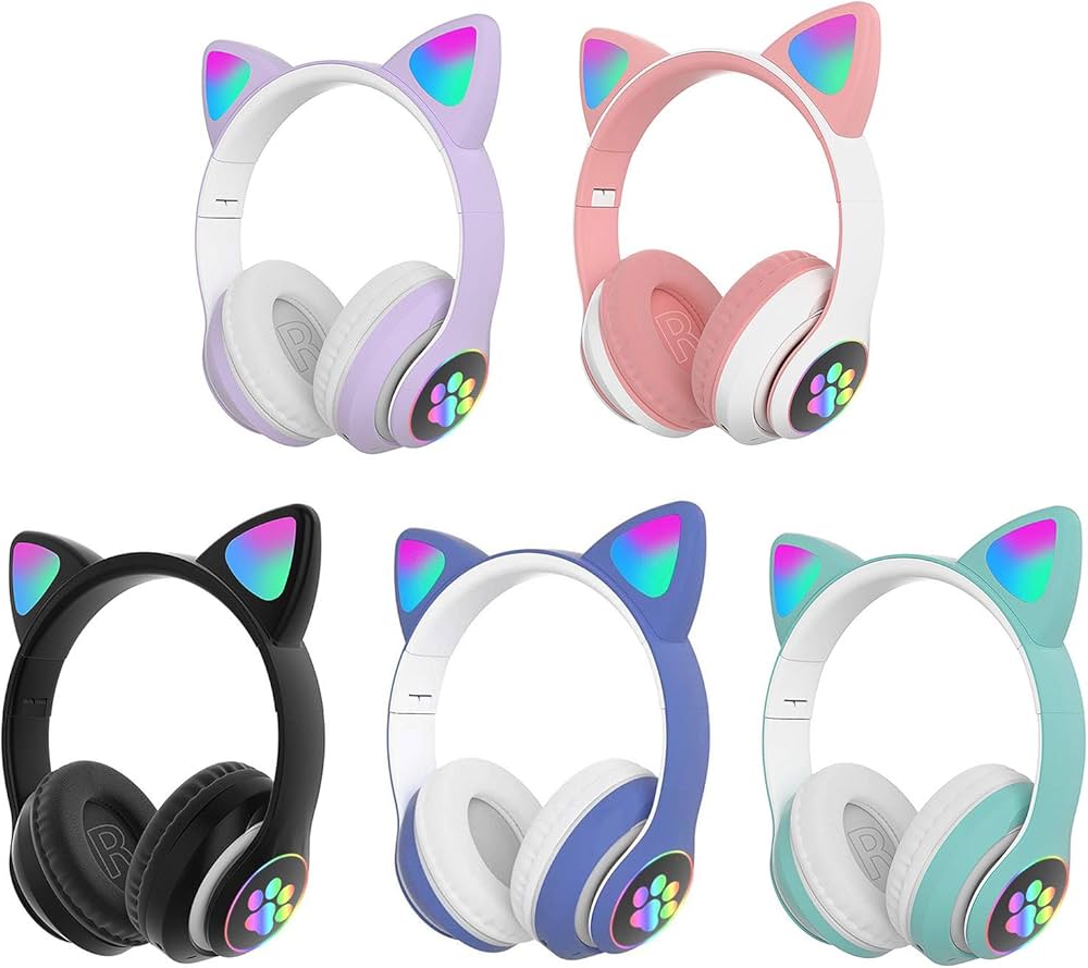 Over- STN-28 Ear Music Headset Glowing Cat Ear Headphones Foldable Wireless BT5.0 Earphone with Mic AUX IN TF Card MP3 Player Colorful LED Lights for PC Laptop Computer Mobile Phone-Multicolor