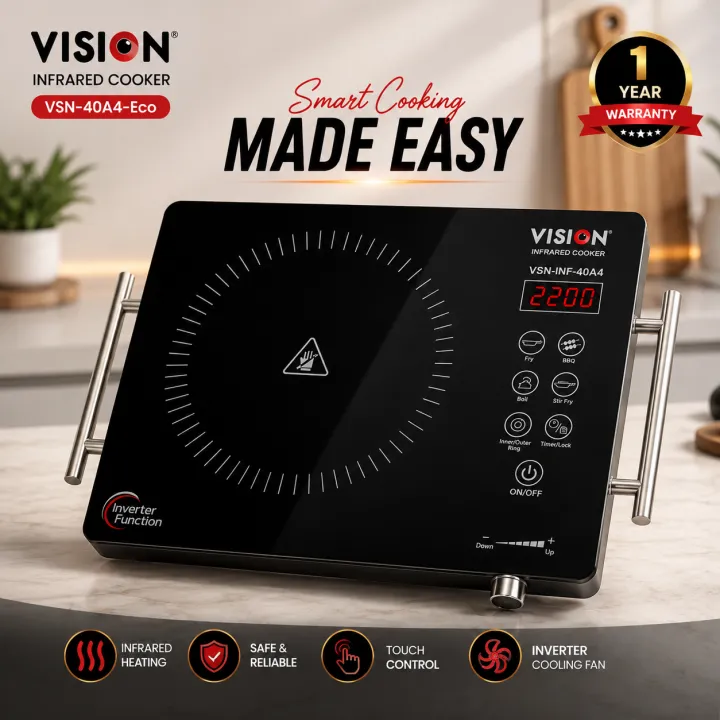 VISION Infrared Cooker VSN-40A4-Eco (874959) | 2200W Inverter Electric Cooktop | Touch & Knob Control | Free Delivery