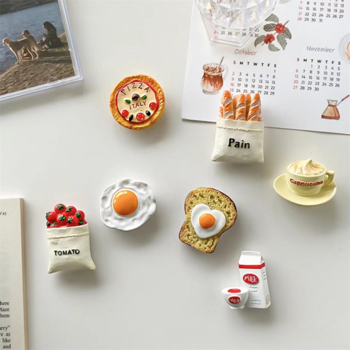 Food-themed Fridge Sticker Three-dimensional Resin Magnet Resin Fridge Magnet Egg Bread Coffee Fridge Magnet Breakfast Decoration Sticker