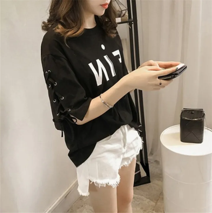 Letter%20Short%20Sleeve%20T%20Women's%20T-shirt%20200%20Jin%20Fat%20MM2021%20Summer%20Korean%20Style%20Women%20T-shirt%20Loose%20Tied%20Sleeve%20Top%20Half%20Sleeve%20-%20Image%204