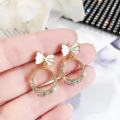 Korea Elegant Fashion Crystal Round Geometry Bow Dangle Earrings for Women.