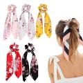 Silk Hair Scrunchies, Hair Scarf with Flower Pattern, Stripe Printed Hair Band For Woman 1 Pcs. 