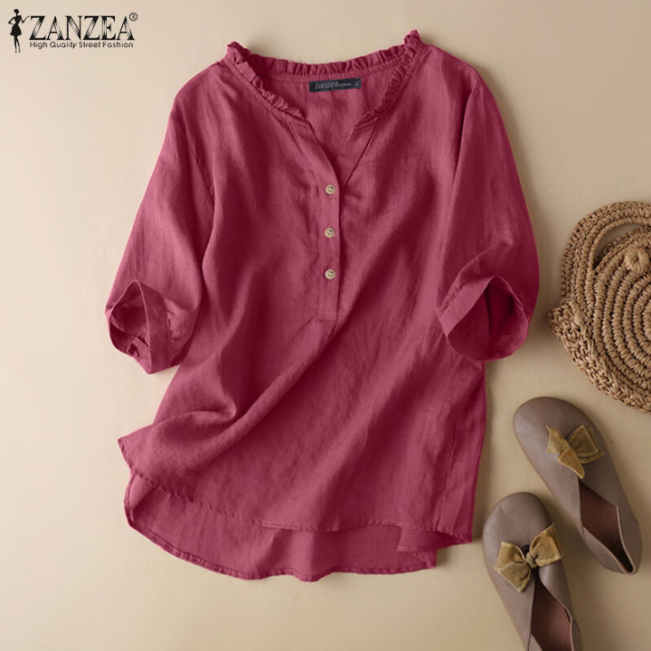 ZANZEA Women Short Sleeve V Neck Top Casual Loose Shirt Tee Solid Cotton Blouse #2