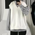 Men Sweater Vest V Neck Knitted Sweater Sleeveless All Match Spring Sweater for School Male Loose Korean Preppy Style Streetwear. 