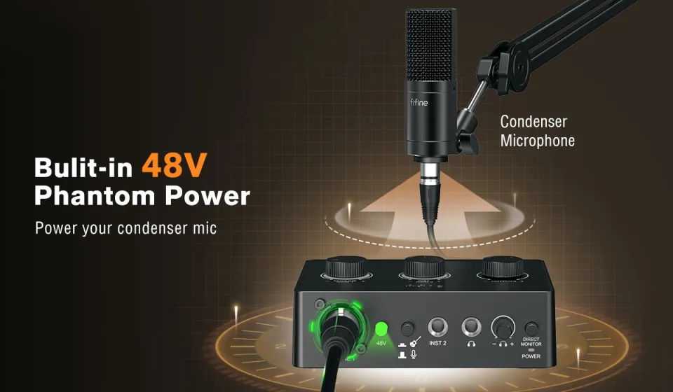 FIFINE SC1 USB Audio Interface with 48V Phantom Power & 50dB Gain