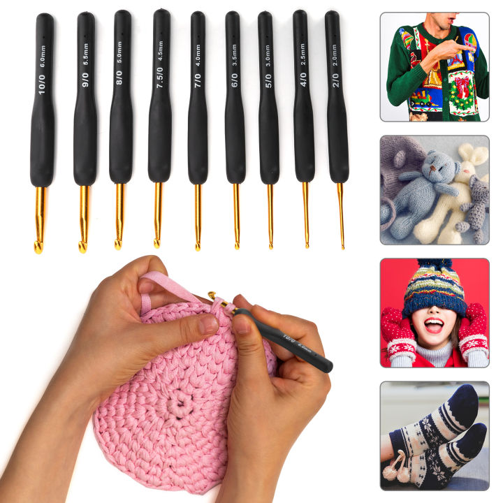 9Pcs Crochet Hook Sweater Sewing Thread Black Handle Craft Accessories Knitting Tools