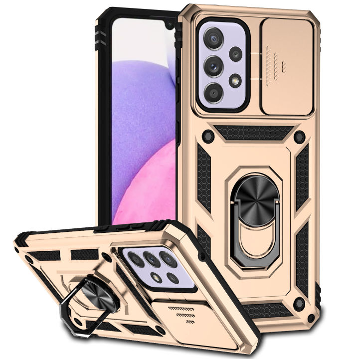 For Samsung Galaxy A33 5G Case with Slide Camera Cover, 360° Ring Holder Metal Kickstand, work for Phone Holder Car Mount, Drop Peep Protection