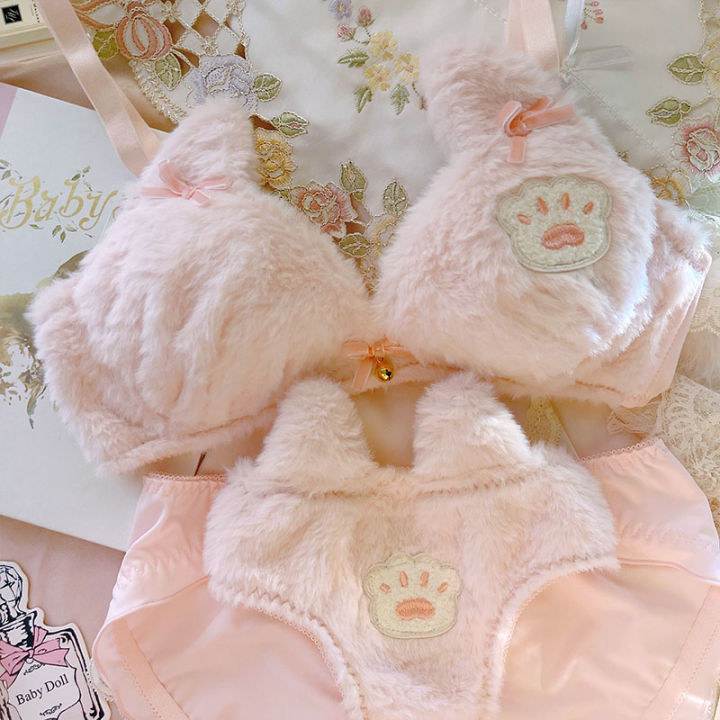 Superman Girls Plush Bear Underwear Cute No Steel Rings Gather Cat Claw Bra Set Comfortable Women Lingerie with Panties Suit