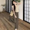 Three-Piece Women's Clothing Summer2023New Crocheted Hollow-out Knitted Vest Outer Wear Bandage Dress Vest Casual Wide-Leg Pants. 