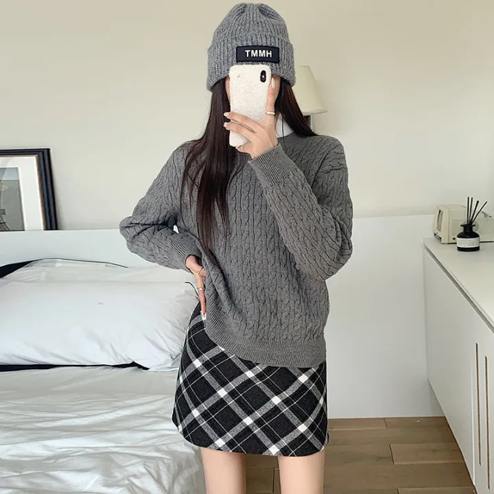 French%20red%20plaid%20woolen%20half%20women's%202023%20autumn/winter%20high%20waisted%20slimming%20A-line%20skirt,%20buttocks%20wrapped%20skirt%20-%20Image%204