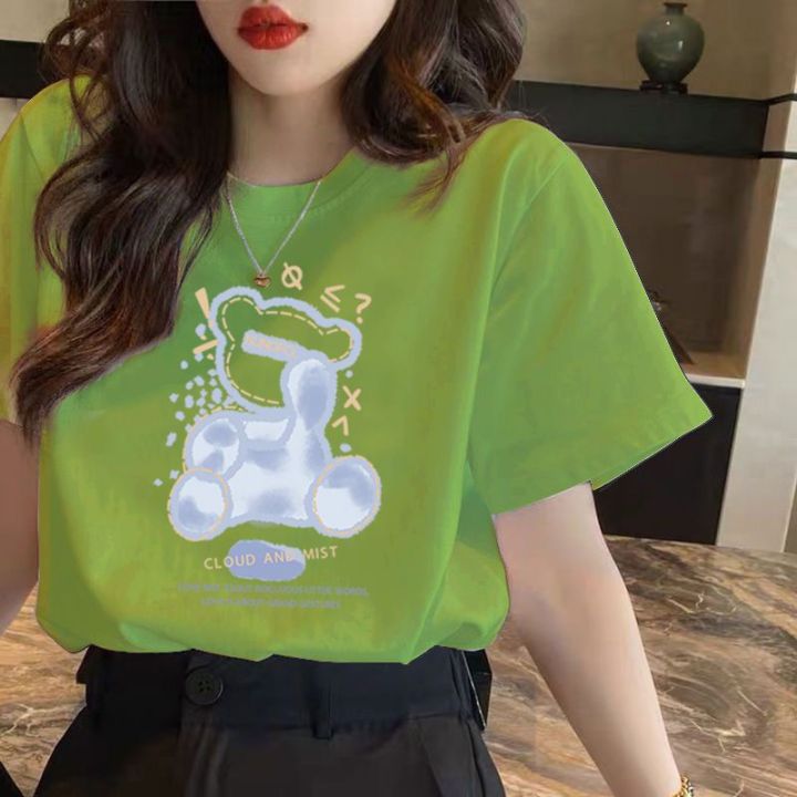 138%20Korean%20Style%20Short%20Sleeve%20T%20T-shirt%20Women's,%20Blue%20Bottoming%20Top%20round%20Neck%20Loose%20Casual%20New%20Bear%20Printed%20Summer%20T-shirt%20-%20Image%204