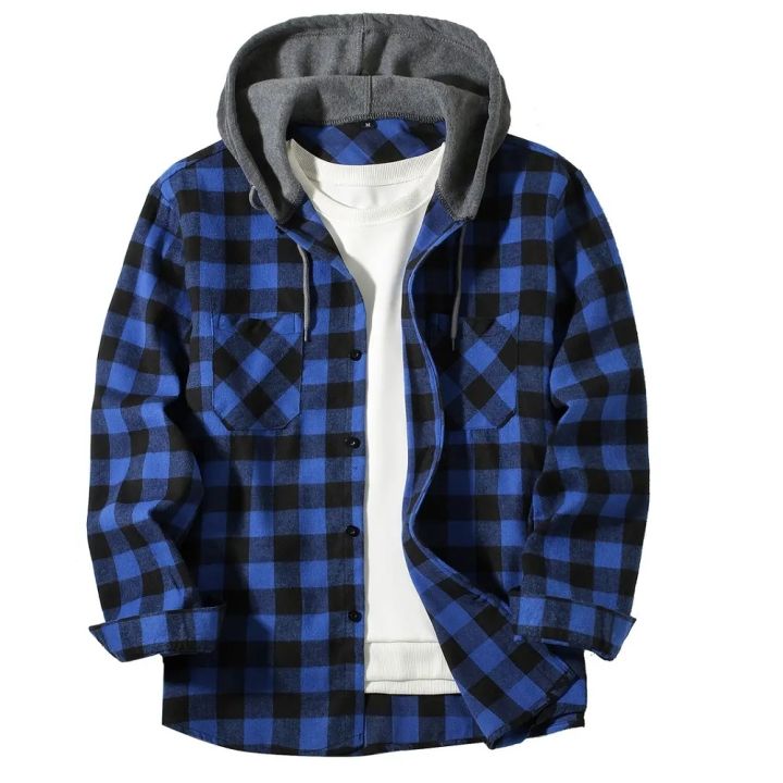 Men's Business Spring And Autumn Plaid Casual Button Down Hooded Long Sleeved Shirt Hoodie Flannel Jacket Tops