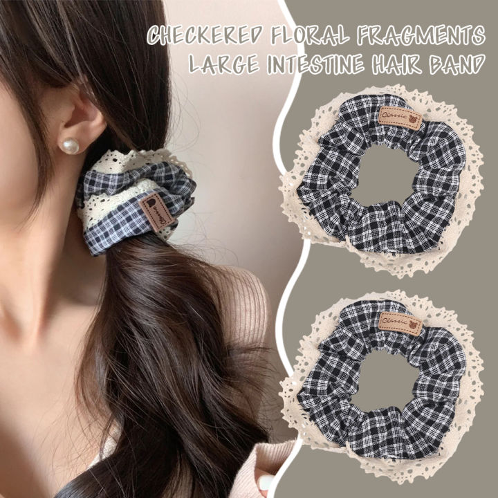 Retro Fashion Black White Lattice Ruffles Hair Scrunchies