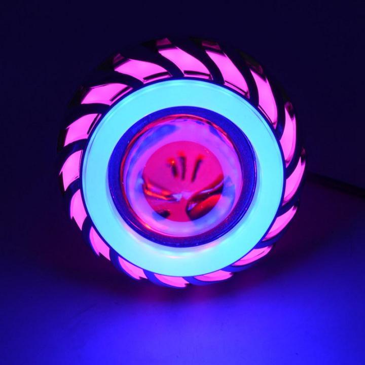 12V Motorcycle Head Light Lamp Projector Lens Light With Led Angel Devil Eyes Headlight 30W 1200Lm 200000H Double Aperture Light(Pink and Blue)