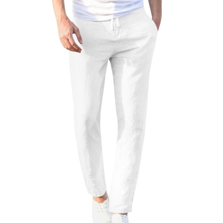 Feitong Fashion Cotton Linen Pants Men Casual Work Solid White Elastic Waist Streetwear Long Pants Trousers