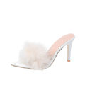 Women Slippers High Heels Fur Stiletto Peep Toe Mules Ladies Indoor Rubber Zapatillas Mujer Pointed Red Summer New Shoes.