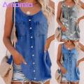 Amamia Denim Blouse Arc Hem Sleeveless Floral Print Denim Blouse.