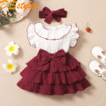 DSstyles Girls Princess Dress Summer Flying Sleeves Ruffled Dress With Bowknot Headband For Birthday Christmas Party.