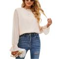 Eligible Women Spring Blouse, Long Puff Sleeve Plain Ruffle Crew Neck Shirt, Ladies Loose Fall Pullover Style Tops.