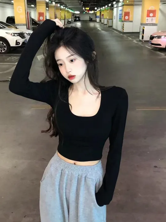 Simple%20White%20Shoulder%20U%20Collar%20Threaded%20Long%20Sleeve%20T%20T-shirt%20Women's%20Outer%20Wear%20Inner%20Wear%20Hot%20Girl%20Top%20Short%20All-Match%20Bottoming%20Shirt%20-%20Image%207