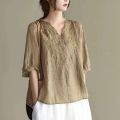 plus Size Women's Clothing New Retro Machine Embroidery Cotton Top Loose V Collar Half Sleeve Shirt Women's Shirt Pullover. 