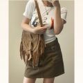 Xiaohongshu Same Style Suede American Hot Girl Tassel Bag Women's Retro Khaki All-Match Ethnic Style Messenger Bag Fashion. 