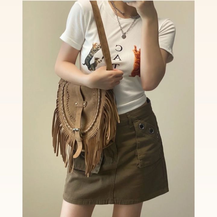 Xiaohongshu Same Style Suede American Hot Girl Tassel Bag Women's Retro Khaki All-Match Ethnic Style Messenger Bag Fashion