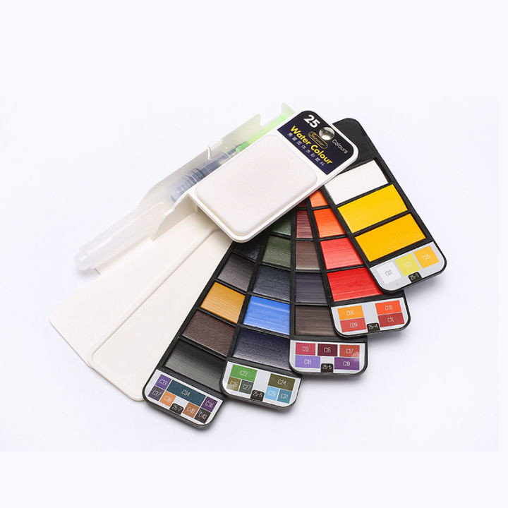 Superior Solid Water Colour Cake Pigmented 25 Color Set With Water Brush Pen Foldable Travel Watercolor Painting Set